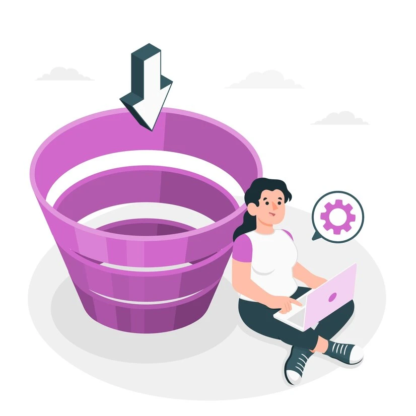 Imagem ilustrativa sobre como gerenciar links, mostrando uma mulher com um laptop próxima a um funil roxo e um ícone de engrenagem.