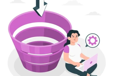 Imagem ilustrativa sobre como gerenciar links, mostrando uma mulher com um laptop próxima a um funil roxo e um ícone de engrenagem.