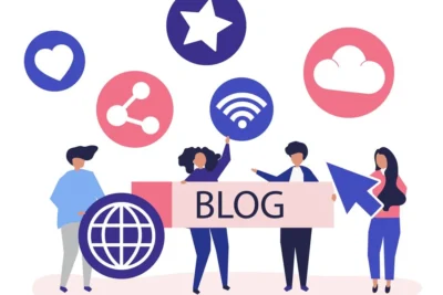 Ilustração de pessoas segurando um cartaz com a palavra BLOG, cercadas por ícones que representam links externos, compartilhamento e redes sociais. Ideal para iniciativas de marketing digital.