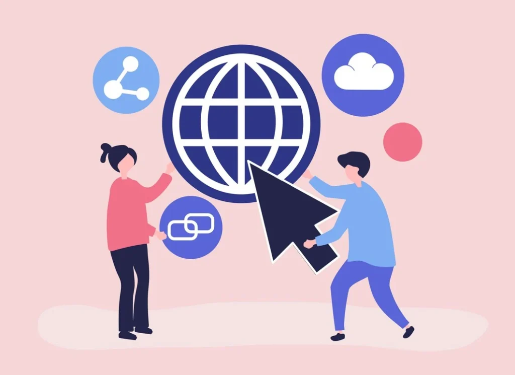 Duas pessoas interagindo com ícones representando links externos e a rede global na ilustração, destacando a importância de navegação online.