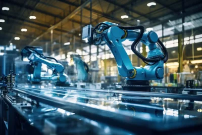 Imagem de robôs industriais em um ambiente de fábrica, exemplificando a robotização nos empregos industriais e sua importância na automação.