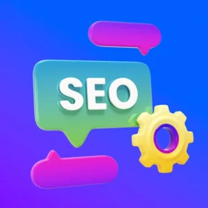 Imagem ilustrativa sobre SEO com o termo destacado e elementos gráficos coloridos representando comunicação e otimização de links.