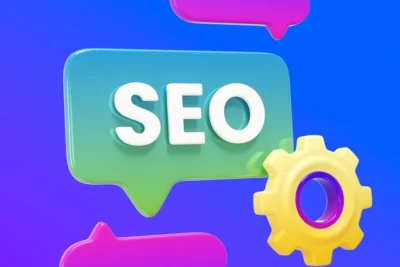 Imagem ilustrativa sobre SEO com o termo destacado e elementos gráficos coloridos representando comunicação e otimização de links.