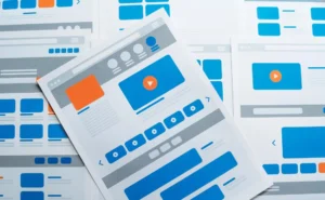 A imagem mostra layouts de páginas web em papel, com elementos visuais que representam impressões, cliques e métricas de desempenho.