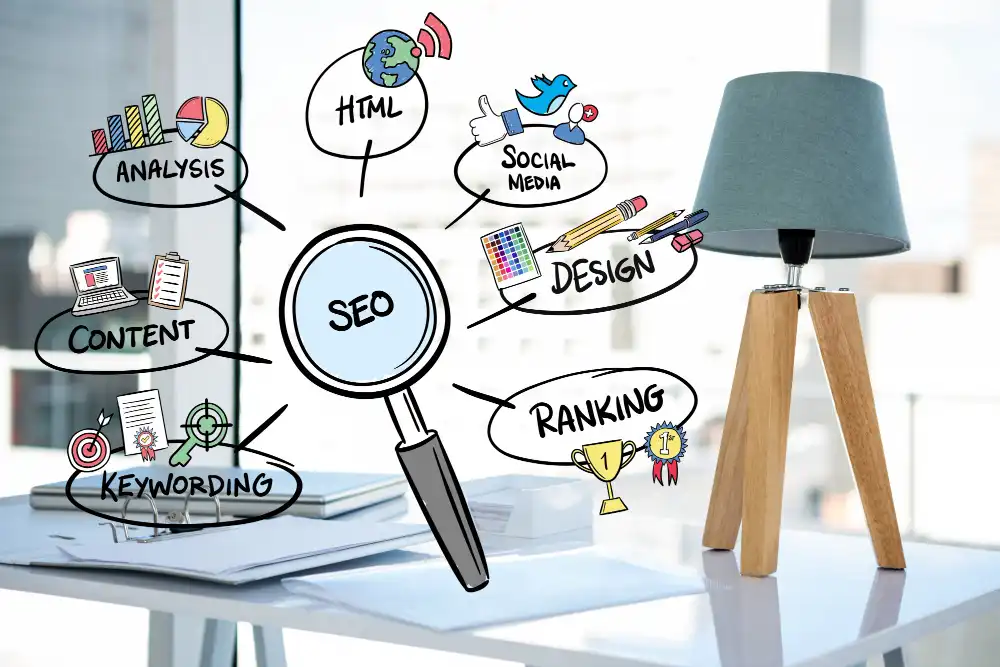 Imagem ilustrativa destacando estratégias de SEO local, incluindo análise, conteúdo, palavras-chave, HTML, mídia social, design e ranking para aumentar clientes até 300%.