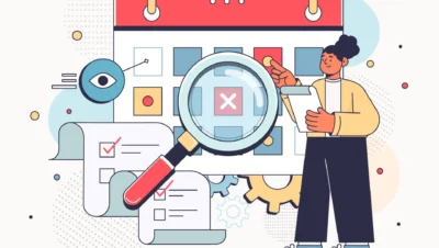 Ilustração de uma mulher analisando estratégias de SEO com lupa, calendário, e listas de verificação, destacando os erros comuns de SEO em 2025.