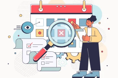 Ilustração de uma mulher analisando estratégias de SEO com lupa, calendário, e listas de verificação, destacando os erros comuns de SEO em 2025.