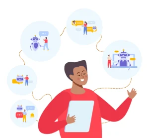 Ilustração representando a integração de IA na gestão de projetos, com robôs, automações e comunicação eficiente, destacando economia de tempo.