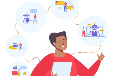 Ilustração representando a integração de IA na gestão de projetos, com robôs, automações e comunicação eficiente, destacando economia de tempo.