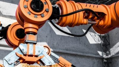 Robô industrial de carga usando uma talha elétrica de alta capacidade para movimentar uma carga pesada, destacando a importância do cálculo de carga adequado.