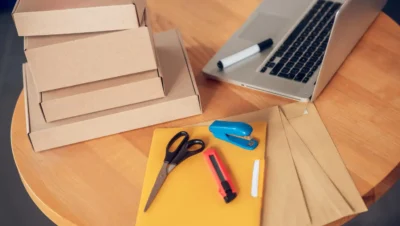 Organização de materiais de escritório e embalagens para pequenas e médias empresas, destacando soluções acessíveis para otimizar negócios.